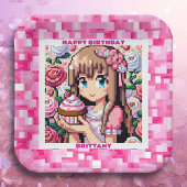 Pixel Art Girl's roze verjaardagsfeestje gepersona Papieren Bordje