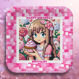 Pixel Art Girl's roze verjaardagsfeestje gepersona Papieren Bordje