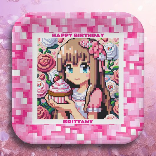 Pixel Art Girl's roze verjaardagsfeestje gepersona Papieren Bordje