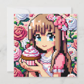 Pixel Art Girl's Roze Verjaardagsfeestje Kaart (Voorkant)