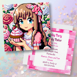Pixel Art Girl's Roze Verjaardagsfeestje Kaart
