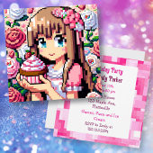 Pixel Art Girl's Roze Verjaardagsfeestje Kaart