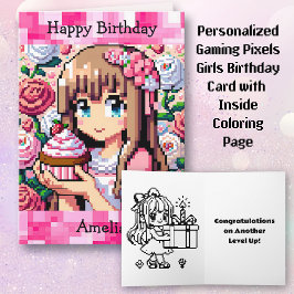 Pixel Art Girl's Roze Verjaardagsfeestje | kleuren Kaart