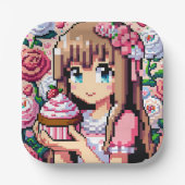 Pixel Art Girl's Roze Verjaardagsfeestje Papieren Bordje (Voorkant)