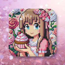 Pixel Art Girl's Roze Verjaardagsfeestje Papieren Bordje