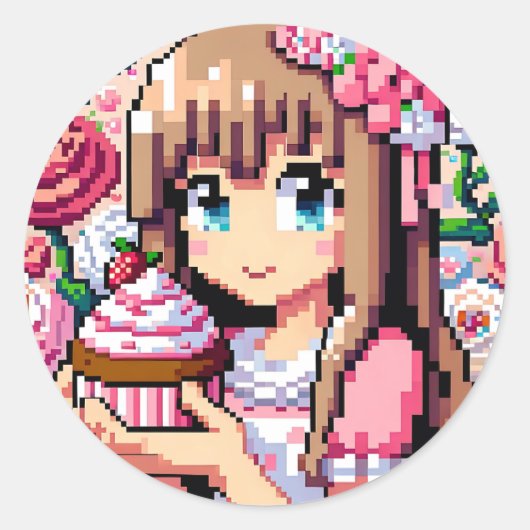Pixel Art Girl's Roze Verjaardagsfeestje Ronde Sticker (Voorkant)