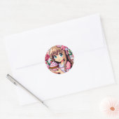 Pixel Art Girl's Roze Verjaardagsfeestje Ronde Sticker (Envelop)