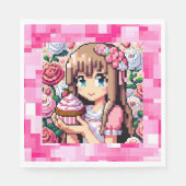 Pixel Art Girl's Roze Verjaardagsfeestje Servet (Voorkant)