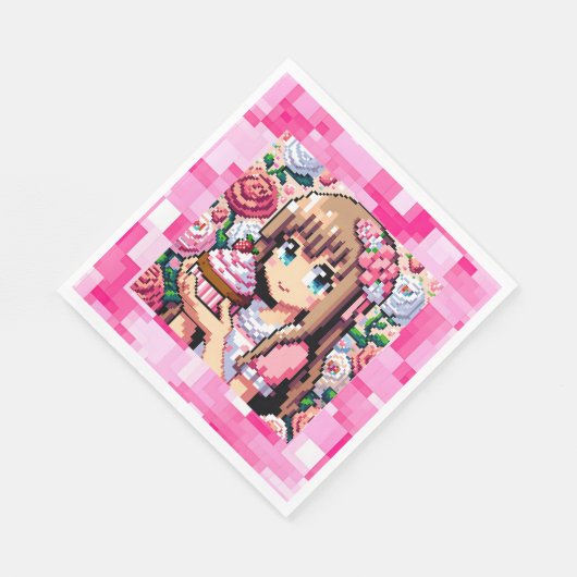 Pixel Art Girl's Roze Verjaardagsfeestje Servet (Hoek)