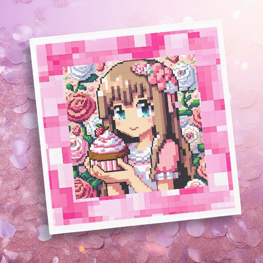 Pixel Art Girl's Roze Verjaardagsfeestje Servet