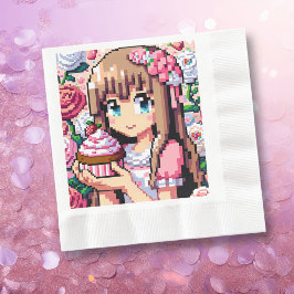 Pixel Art Girl's Roze Verjaardagsfeestje Servet