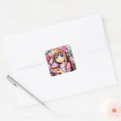 Pixel Art Girl's Roze Verjaardagsfeestje Vierkante Sticker (Envelop)
