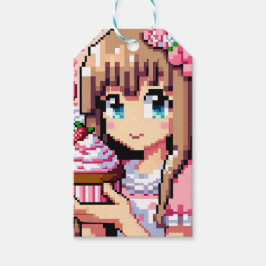 Pixel Art Girl's Roze Verjaardagsmeisje Cadeaulabel