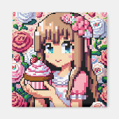 Pixel Art Girl's Roze Verjaardagsmeisje Magneet (Voorkant)