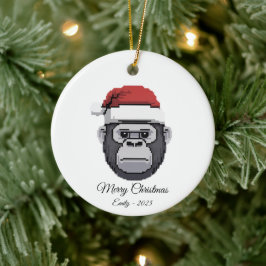 Pixel Art Gorilla Aap Kerstman Hoed Kerstcadeau Keramisch Ornament