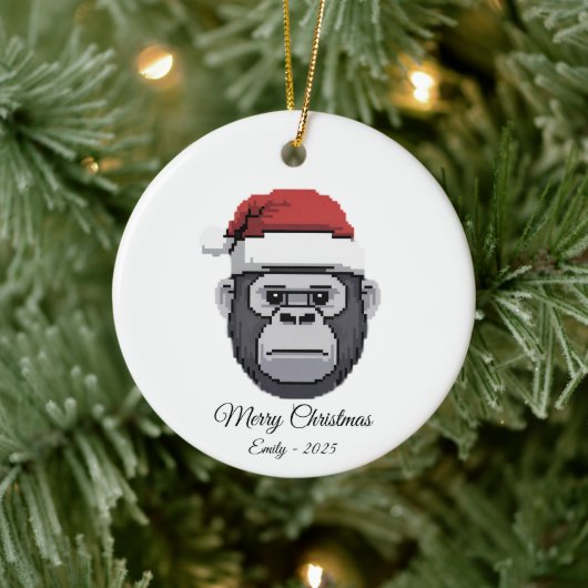 Pixel Art Gorilla Ape Santa Hat Christmas Gift Keramisch Ornament (Boom)