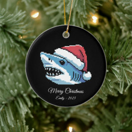 Pixel Art Haai Kerstman Hoed Keramisch Ornament