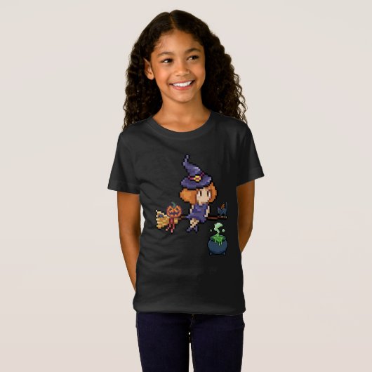 Pixel Art Halloween Heks op Broomstick met kat T-shirt (Voorkant volledig)