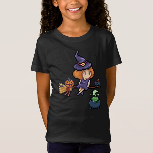 Pixel Art Halloween Heks op Broomstick met kat T-shirt (Voorkant)