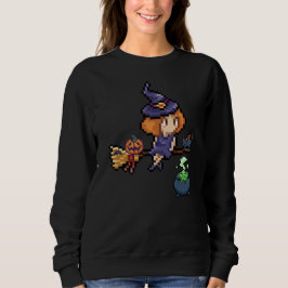 Pixel Art Halloween Heks op Broomstick met kat Trui