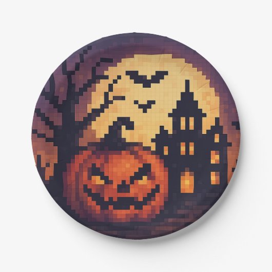 Pixel Art Halloween Paper Plates Papieren Bordje (Voorkant)