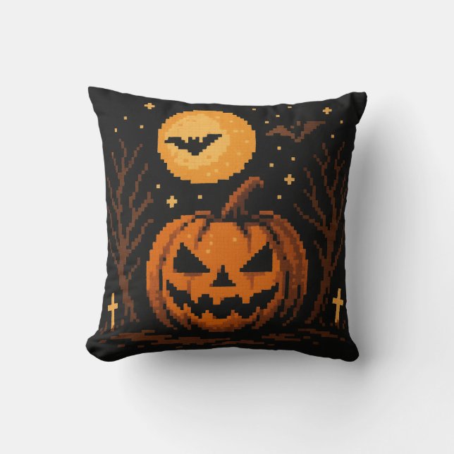 Pixel art Halloween pompoen kussen (Voorkant)