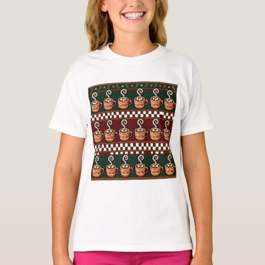 Pixel Art Heet Chocolade Kerst Patroon T-shirt (Voorkant)