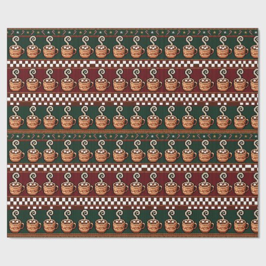 Pixel Art Heet Chocolade Kerstpatroon Cadeaupapier (Vlak)