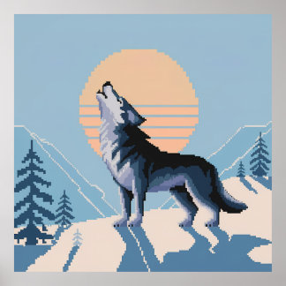 Pixel Art Howling Wolf bij zonsondergang Poster