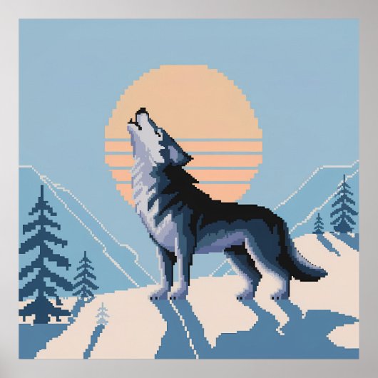 Pixel Art Howling Wolf bij zonsondergang Poster (Voorkant)