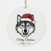 Pixel Art Husky Dog Santa Hat Christmas Gift Keramisch Ornament (Voorkant)