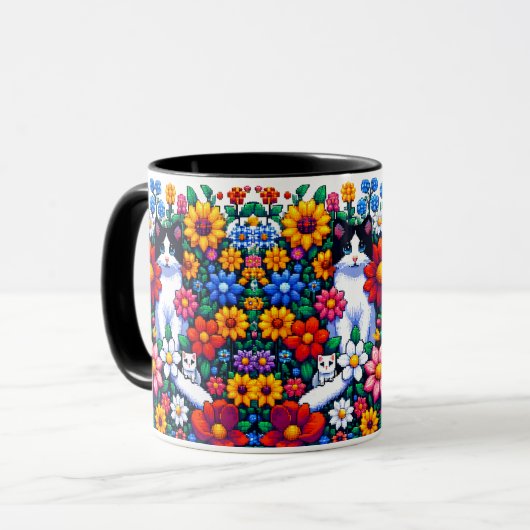 Pixel Art Kat, Kitten en Bloemen Mok (Voorkant links)