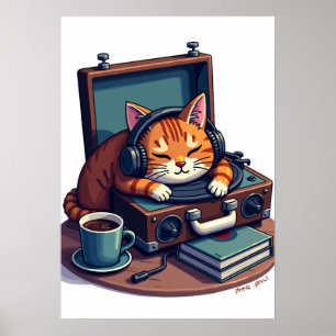 Pixel Art Kat Koptelefoon Vinylplaten Moe Muziek Poster