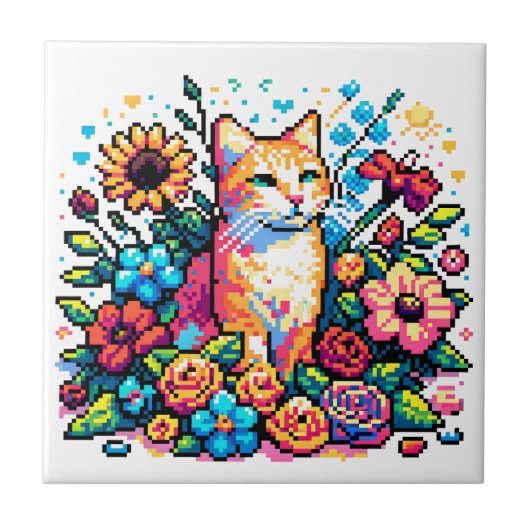 Pixel Art | Kat zit in bloemen Tegeltje (Voorkant)