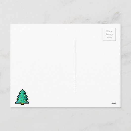 Pixel art kerstboom groen met versieringen feestdagenkaart (Achterkant)