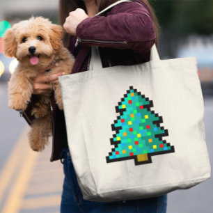Pixel art kerstboom groen met versieringen grote tote bag