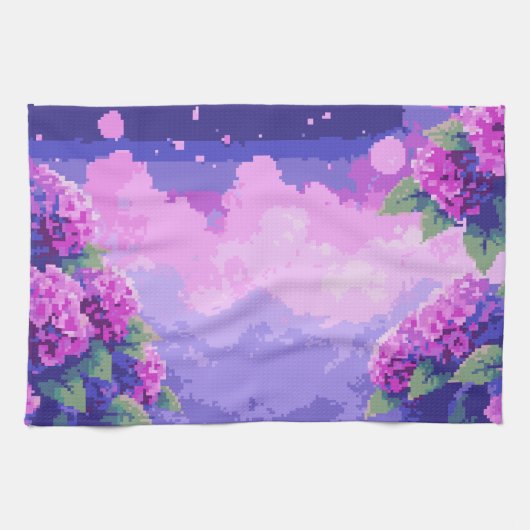 Pixel Art Keuken Handdoek met Hydrangea (Horizontaal)