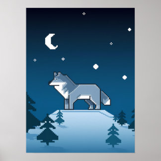 Pixel Art Lone Wolf onder de maan Poster