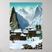 Pixel art, Mountain, dorpje in de sneeuw | AI Art. Poster (Voorkant)