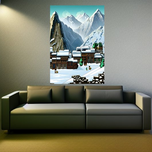 Pixel art, Mountain, dorpje in de sneeuw | AI Art. Poster