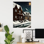 Pixel art, Noorse stad in sneeuw | AI Art. Poster (Thuiskantoor)