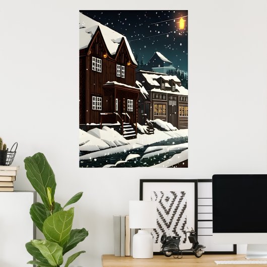 Pixel art, Noorse stad in sneeuw | AI Art. Poster (Thuiskantoor)