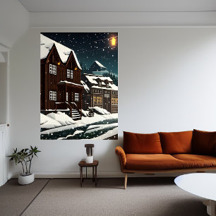Pixel art, Noorse stad in sneeuw   AI Art. Poster