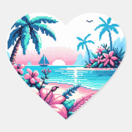 Pixel Art Ocean Pink en Blue Tropical Art Hart Sticker
