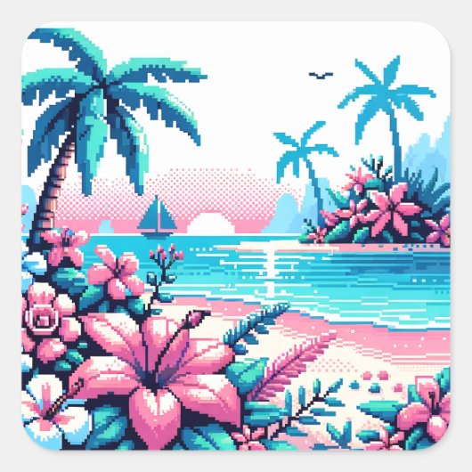 Pixel Art Ocean Pink en Blue Tropical Art Vierkante Sticker (Voorkant)