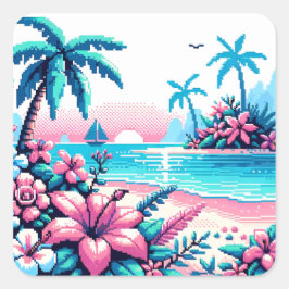 Pixel Art Ocean Pink en Blue Tropical Art Vierkante Sticker