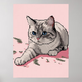 Pixel Art of Grey Ragdoll Cat met blauwe ogen Poster