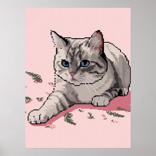 Pixel Art of Grey Ragdoll Cat met blauwe ogen Poster (Voorkant)