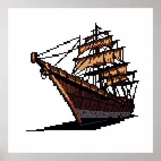 Pixel Art Pirate Ship on Grey Background Poster (Voorkant)