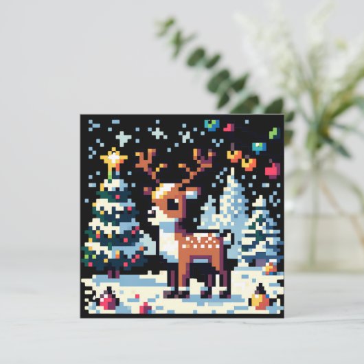 Pixel Art Rendier in de sneeuw Kerstmis Feestdagenkaart (Staand voorkant)